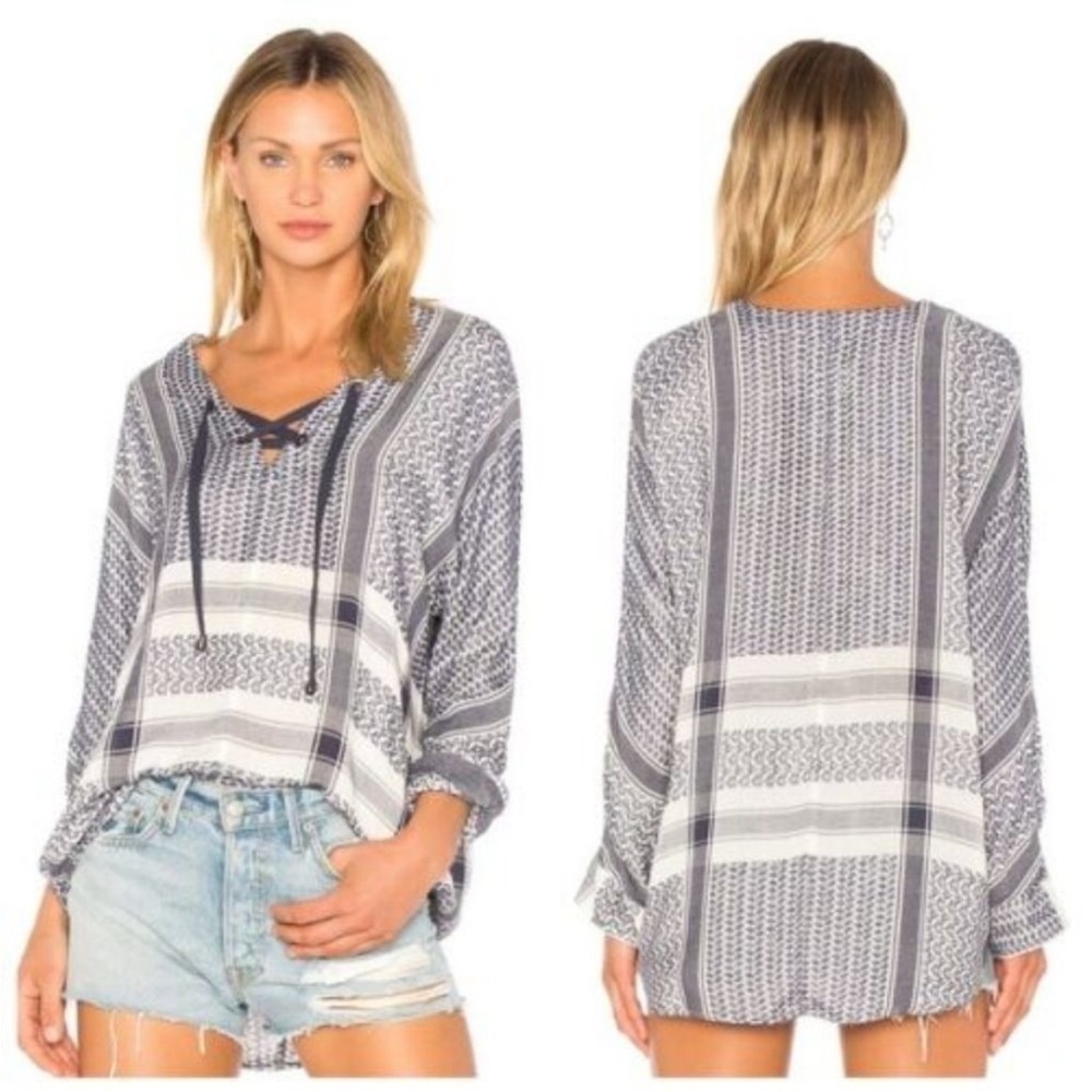 RAILS Lily Sapphire Jacquard Top Blue White Lace Up Long Sleeve Sz XS